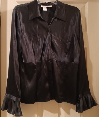 Silk Black Button Blouse Ruffle Dark Fairy Sz L Luxurious Romantic Whimsigoth 
