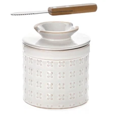 Ceramic Butter Crock with Lid – Embossed French-Style Butter Keeper for Count...
