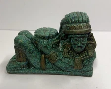 Vintage Malachite Mayan Tribal Aztec Warrior Laying Down W/Drum Statuette 7.5”