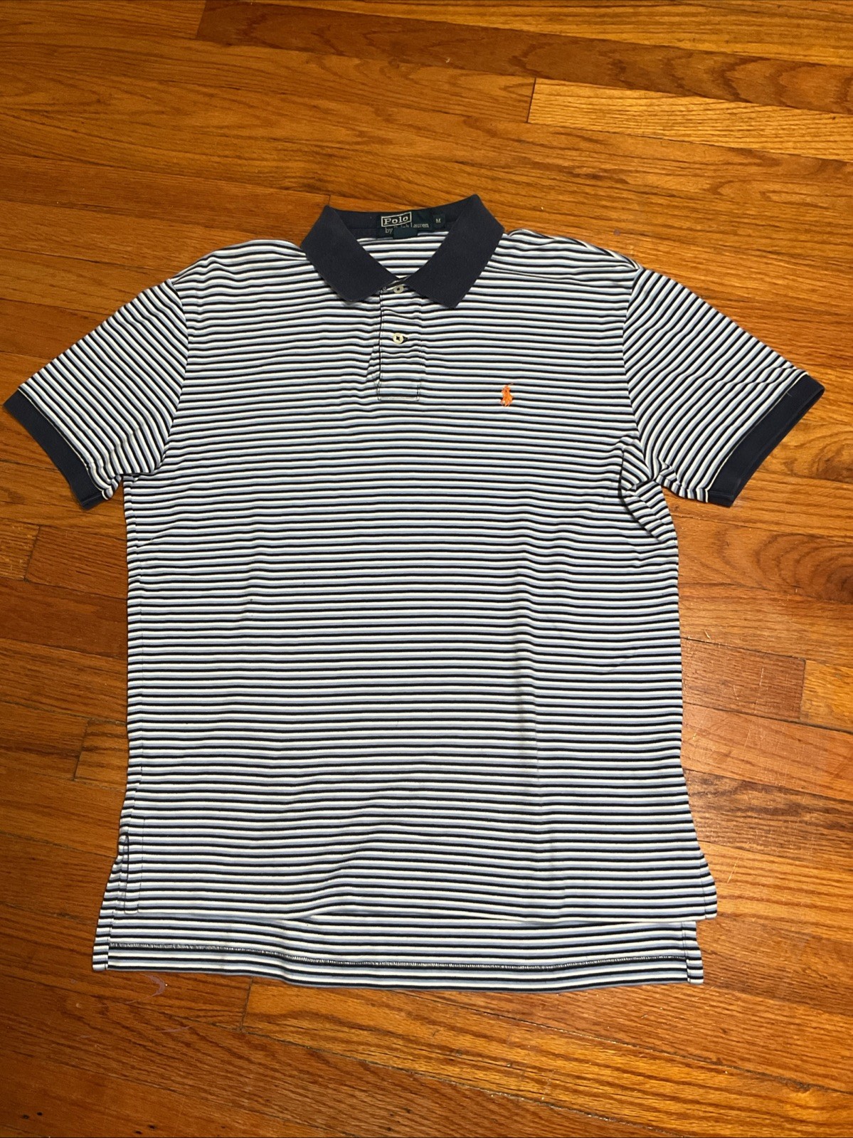 Polo vintage Ralph Lauren a righe blu royal camicia bianca arancione logo pony M Y2K