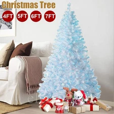 4/5/6/7ft White Christmas Tree Pre lit With Blue LED Lights Metal Stand Xmas US