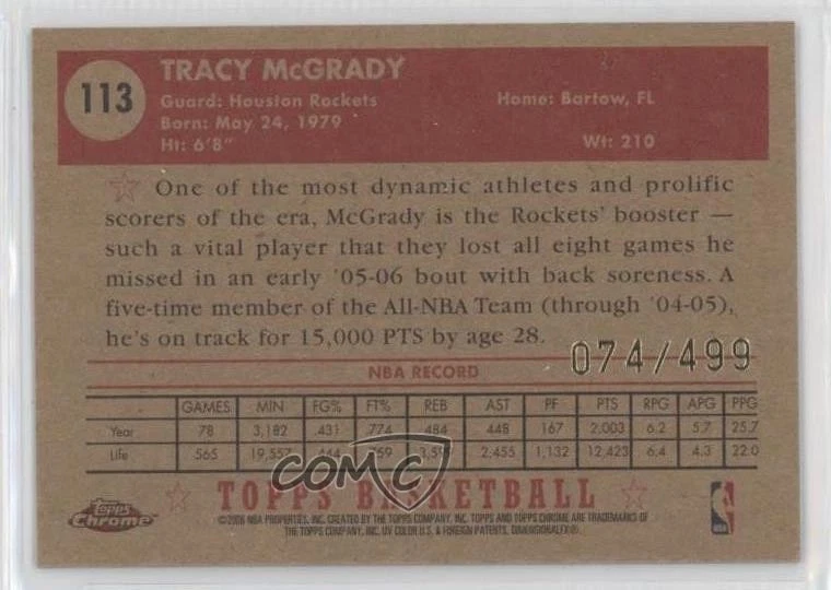 2005-06 Topps 1952 Style Chrome /499 Tracy McGrady #113 HOF - Image 2 of 2