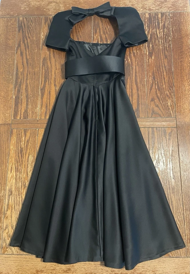 Vintage Victor Costa Evening Dress Gown Womens 8 Black Midi Cap Sleeve Belt Bow - Image 4 of 4