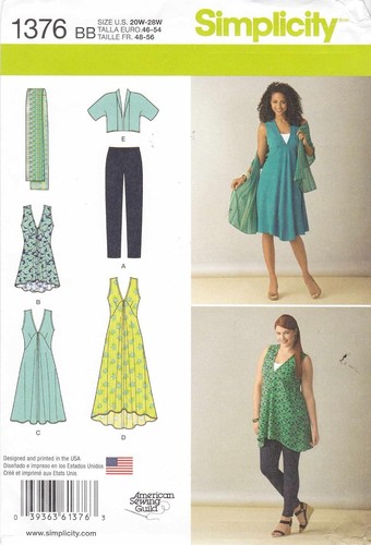 Simplicity 1376 Sewing Pattern Jacket Dress Tunic Scarf Leggings Sz 20W-28W UC