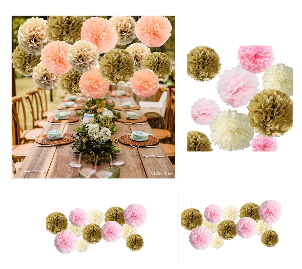 18PCs GOLD Mix Tissue Pom Poms Paper Pompom Flower Ball Birthday Christmas Party - Image 2 of 4