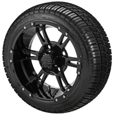 (4) Golf Cart 205/30-12 Deli Low Profile Tires on 12x7 Gloss Black Raptor Wheels