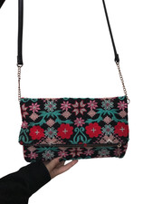 Red Green Black Floral Tapestry Embroidered Shoulder Bag