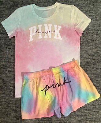 Victoria's Secret Pink Ombre Tie Dye Tee Shirt + Sleep Shorts Bubble Pink L NWT