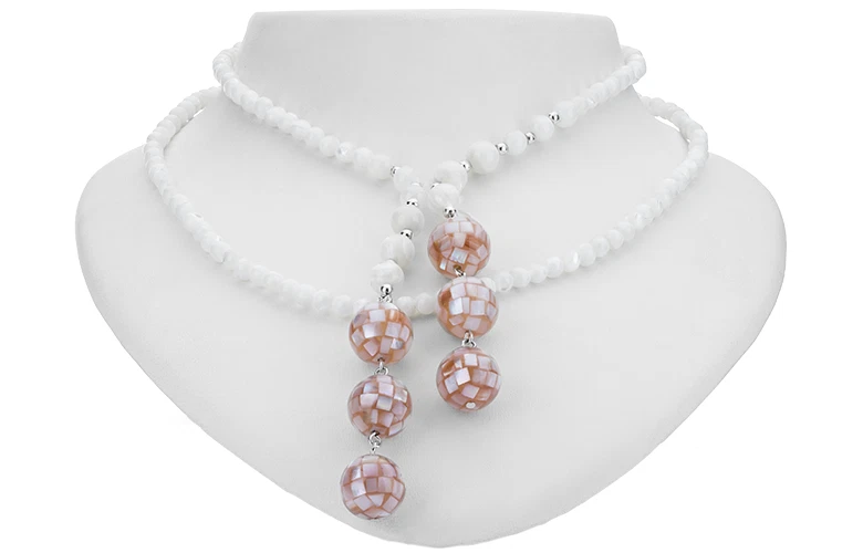 TARA MESA Rosa Madreperla Mosaico Cuentas y Blanco MOP Envoltura Abierta Collar Lariat Foto 3 de 4