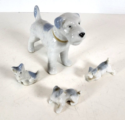 VTG Porcelain Terrier Dog Figurine w/Three Puppies (4pc)