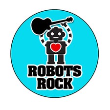 ROBOTS ROCK pin button badge novelty sci-fi guitar cute