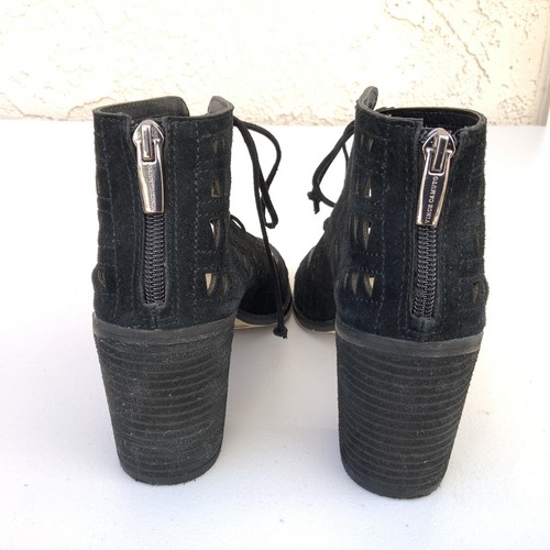 VINCE CAMUTO Size 8.5 Black Tarita Laser Cutout Suede Sandals Block Heel Lace Up - Picture 6 of 16