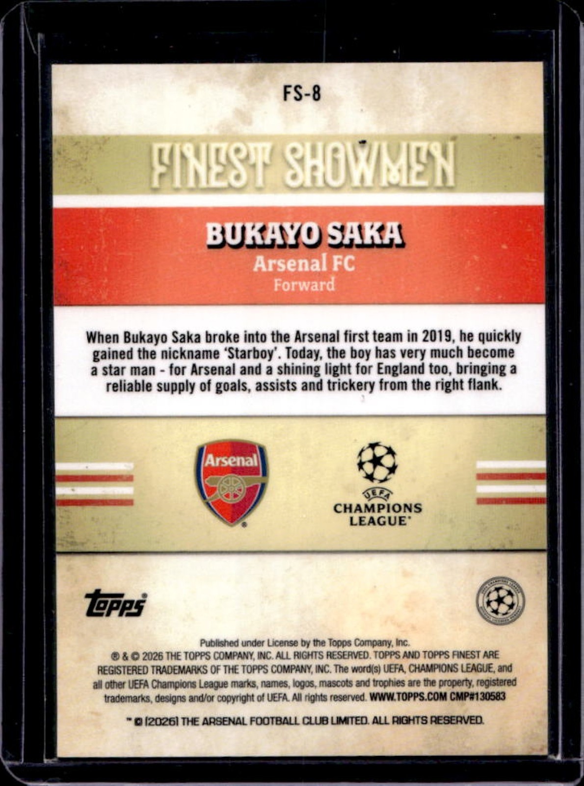 2025-26 Topps UEFA Club Competition Finest Bukayo Saka Showmen #FS-8 Arsenal view 2