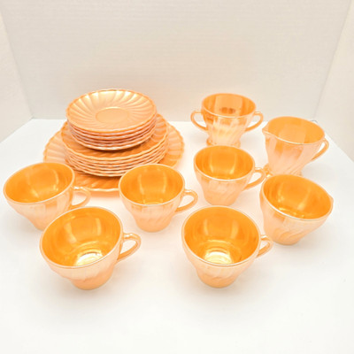 Vintage Fire King Anchor Hocking Peach Lustre Swirl Demitasse Tee - 21 Teile