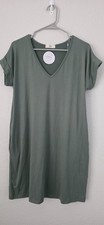 Entro V-Neck T-Shirt Dress Women's Small Olive Green Cuffed Sleeve Stretch NWT