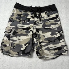 Pelagic Fish Camo Cargo Shorts Mens 32 Tan Angler Board Swim Trunks Swimming