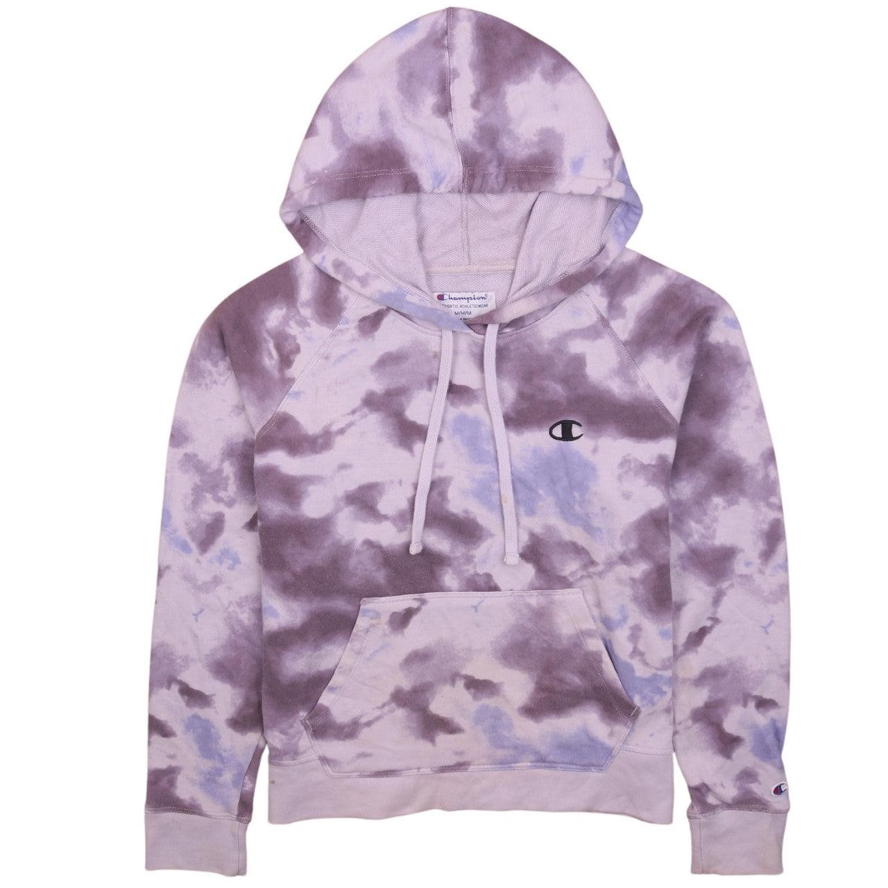 Champion Mens Hoodie Purple Tie Dye Fleece Embroidered C Logo Pullover Pocket M