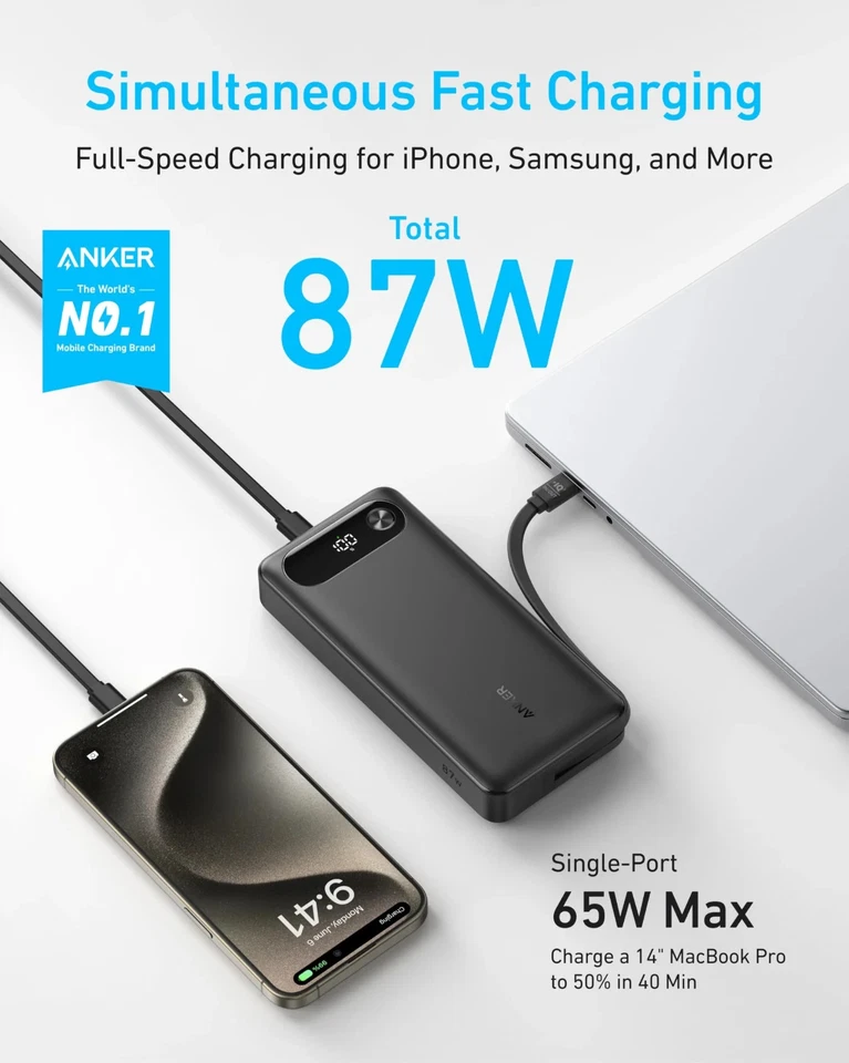 Anker Powerbank 20.000mAh 87W USB-C PD | Laptop Handy Tablet Schnellladegerät - Bild 2 von 4