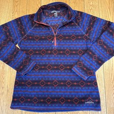 Eddie Bauer Womens Fleece Pullover Large Aztec Print Quarter Zip Blue Red