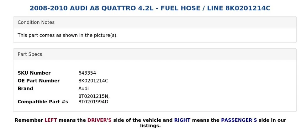 2008-2010 AUDI A8 QUATTRO 4.2L - MANGUEIRA DE COMBUSTÍVEL / LINHA 8K0201214C - Imagem 3 de 4