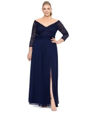 Betsy & Adam Plus Size Lace Off-the-Shoulder 3/4-Sleeve Gown - Navy-18W