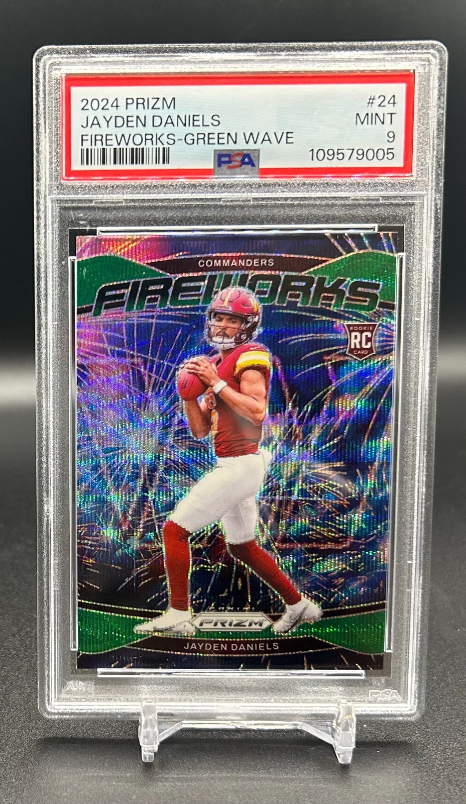 2024 Panini Prizm Football Jayden Daniels Fireworks Green Wave Prizm RC PSA 9