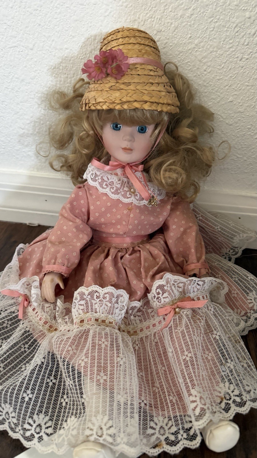 Porcelain Doll Blonde Curly Hair Pink Floral Dress Straw Hat Blue Eyes