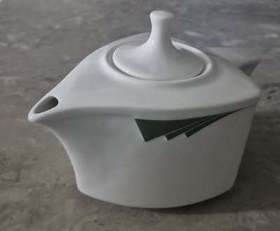 Homer Laughlin China Milford Tea Pot w/Lid White/Green Glossy USA MMA