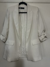 ZARA Women's White Open Front Blazer M 3/4 Sleeve Pockets Mid-Length Solid
