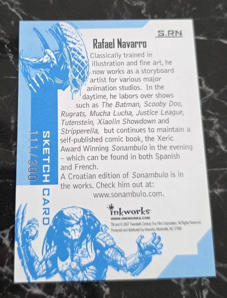 2007 Inkworks Aliens vs Predator: Requiem # 111/300 Rafael Navarro Auto Sketch  - Image 2 of 2