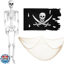3 Pcs Halloween Skeleton with Pirate Flag and Fish Net, Car Trunk or Treat De