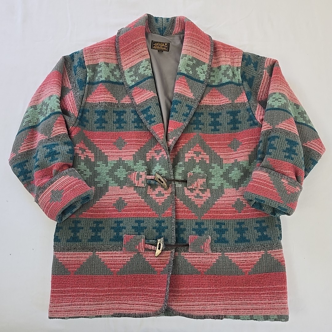 VTG 80s Eddie Bauer Wool Blanket Coat Pink Aztec Southwest Toggle