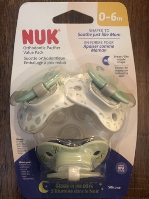 NUK Orthodontic Pacifier Value Pack 3 Ct Green Clear 0-6 Months Glow In The Dark