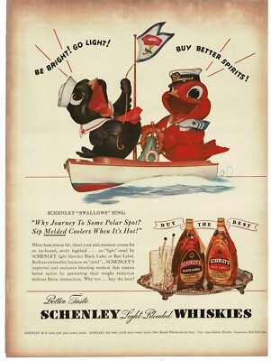 1940 Schenley Red Black Label Whiskey Swallows on boat art Vintage Print Ad