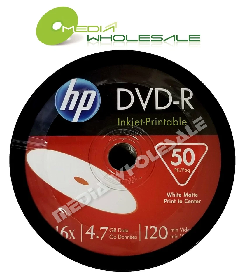 100 HP Blank 16X DVD-R DVDR White Inkjet Hub Printable 4.7GB Media Disc 2x50pk - Image 2 of 4