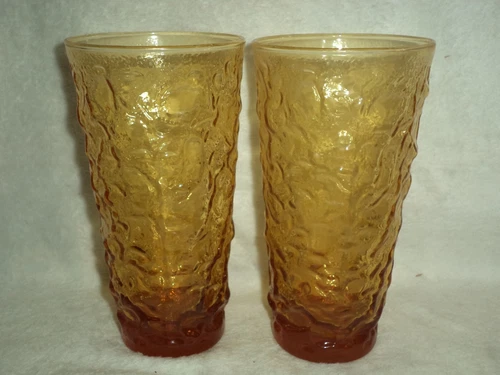 2 Vtg MCM Anchor Hocking Lido Milano Crinkle Amber Honey Gold Tumblers XL 7"