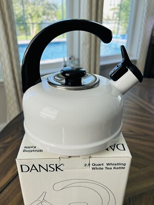 New Dansk Enamel Whistling Tea Kettle Pot In Box White 2.5 Quart