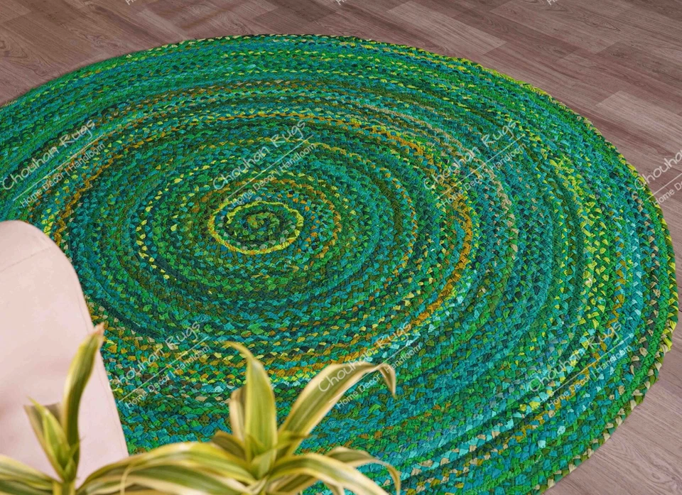 Alfombra/felpudo redondo de algodón hecho a mano, alfombra redonda verde hecha a mano para alfombras de sala de estar Foto 3 de 4
