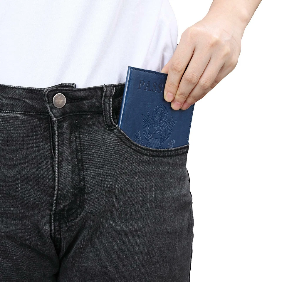 Porta pasaporte con bloqueo RFID billetera de viaje estuche de cuero cubierta soporte para tarjeta de vacuna Foto 3 de 4