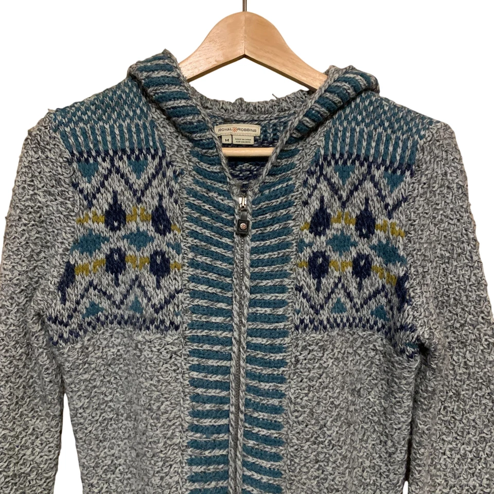 Suéter con Capucha Royal Robbins Para Mujer Cremallera Lana Fair Isle Azul Gris Talla L Boho Foto 3 de 4