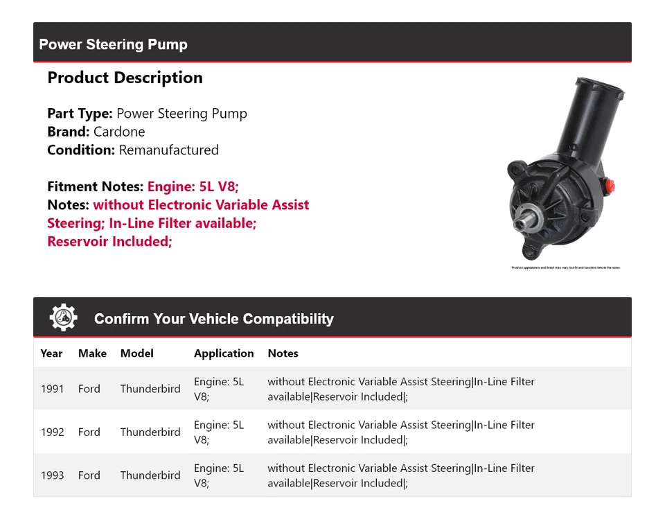 Bomba de dirección asistida Cardone 1992 para Ford Thunderbird 1991-1993 5L V8 Foto 2 de 4