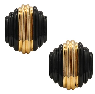 Charles Turi Stepped Skyscraper Clip Earrings 18Kt Yellow Gold With Carved Onyx