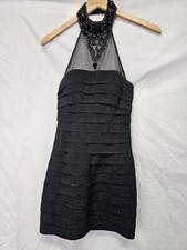 Sherry Hill Dress Size 6 Womens Black Halter Mesh Beaded Tiered Mini Bodycon
