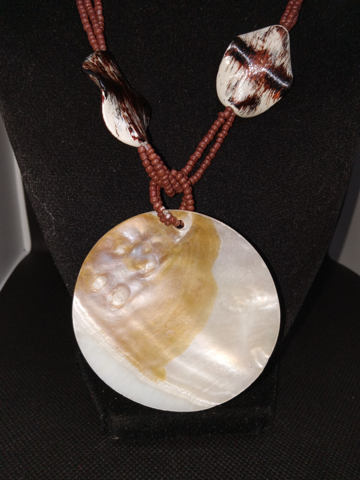 Brown Beaded Statement Necklace With Shell Pendent - image 2