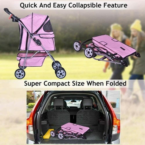4 Wheels Folding Pet Stroller Cat Dog Cage Stroller Carrier W/Cup Holder Pink - Picture 3 of 8