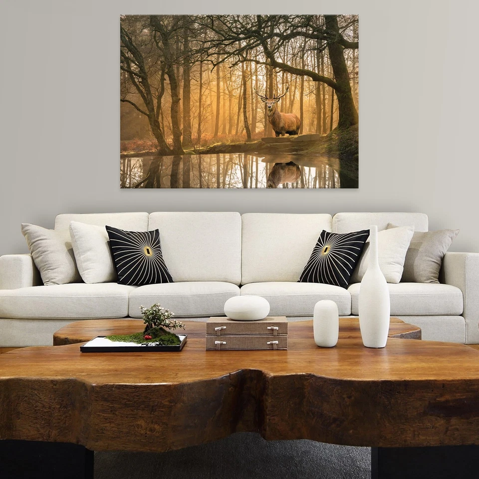 HIRSCH TIERE WALD Leinwandbild Groß Wandbilder Leinwand Bilder Canvas Wandbild - Bild 2 von 4