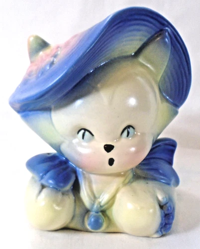 Vintage Hull Pottery Cat Planter/Vase,  Blue Hat, 1950s USA