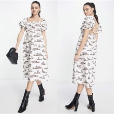 Mango Square Neck Western Print Midi Dress Lace Up Back White Small NWT Cotton