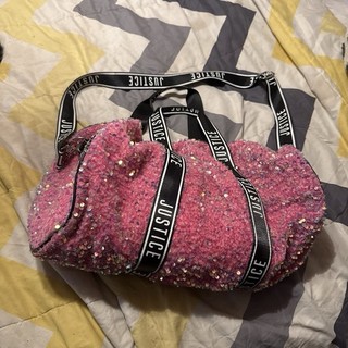 Pink Glittery Justice Duffle Bag with Black Straps and Zipper