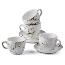Espresso Cups and Saucers Set of 4 6 Ounce Ceramic Double Shot Cup Set